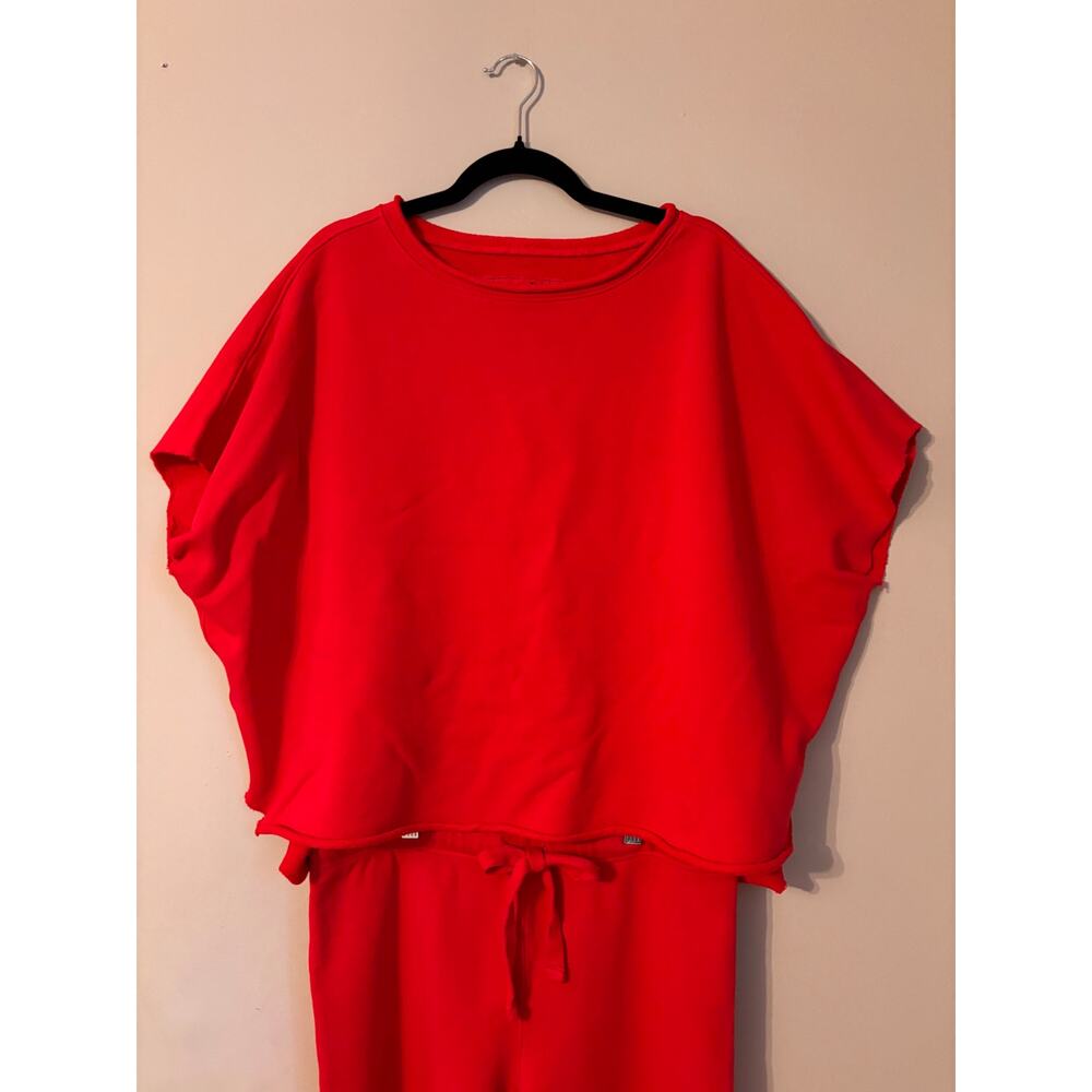 Frank & Eileen Cherry Red Sweat Set M OS Cropped Top Pants Raw Hem Oversized - Picture 2 of 12